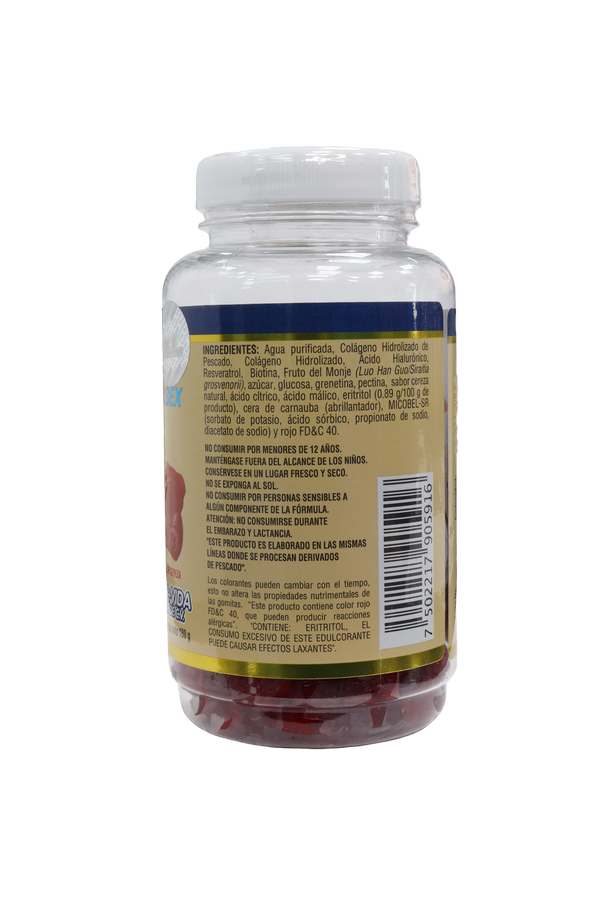 GOMITAS FY COLAGENO HIDROLIZADO  DE PESCADO,  COLAGENO HIDROLIZADO , ACIDO HIALURÓNICO, RESVERATROL, BIOTINA Y FRUTO DEL MONJE C/60 DE 3GR C/U . SABOR CEREZA. UNISEX.