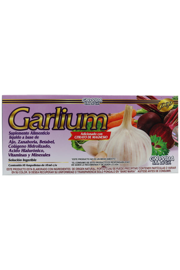 AMP. GARLIUM SOLUCIÓN INGERIBLE C/10 AMP. DE 10 ML C/U.  A BASE DE AJO, ZANAHORIA, BETABEL, COLÁGENO HIDROLIZADO, ÁCIDO HIALURÓNICO, VITAMINAS Y MINERALES. ADICIONADA CON CITRATO DE MAGNESIO.