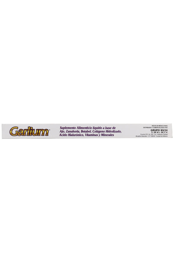 AMP. GARLIUM SOLUCIÓN INGERIBLE C/10 AMP. DE 10 ML C/U.  A BASE DE AJO, ZANAHORIA, BETABEL, COLÁGENO HIDROLIZADO, ÁCIDO HIALURÓNICO, VITAMINAS Y MINERALES. ADICIONADA CON CITRATO DE MAGNESIO.