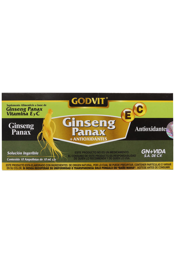AMP. GINSENG PANAX + ANTIOXIDANTES SOLUCIÓN INGERIBLE C/10 AMP. DE 10 ML C/U.  CON VITAMINA E Y C.