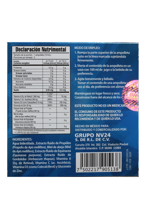 AMP. GNROGYL  PLUS SOLUCIÓN INGERIBLE C/5 AMP. DE 10 ML C/U.   VITAMINAS A, C, D Y ZINC, MIEL DE ABEJA, PROPLEO, EQUINAÁCEA Y GORDOLOBO.