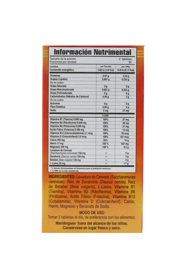 TBS. HIERRO Y VITAMINAS CON LEVADURA DE CERVEZA C/60 DE 1.5 GR C/U. NUEVA FÓRMULA REFORZADA CON CALCIO Y MAGNESIO.