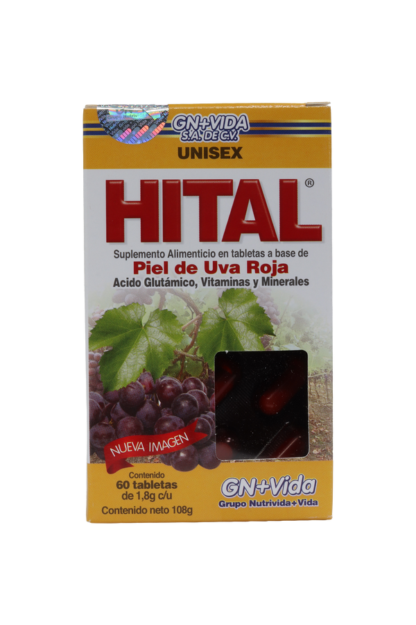 TBS. HITAL C/60 DE 1.8 GR C/U. A BASE DE PIEL DE UVA ROJA, ÁCIDO GLUTÁMICO, VITAMINAS Y MINERALES.