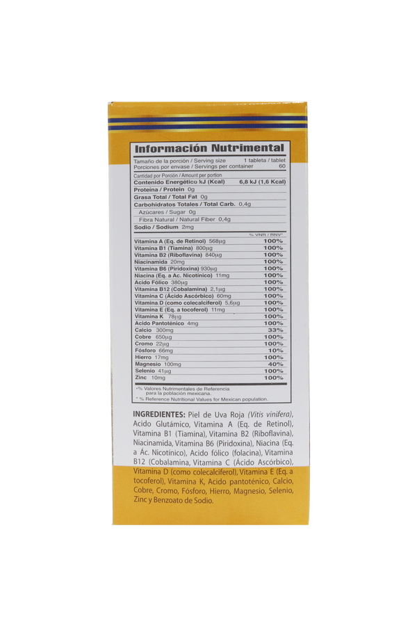 TBS. HITAL C/60 DE 1.8 GR C/U. A BASE DE PIEL DE UVA ROJA, ÁCIDO GLUTÁMICO, VITAMINAS Y MINERALES.