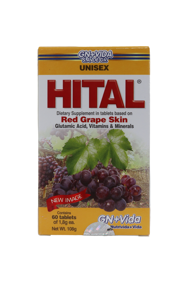 TBS. HITAL C/60 DE 1.8 GR C/U. A BASE DE PIEL DE UVA ROJA, ÁCIDO GLUTÁMICO, VITAMINAS Y MINERALES.