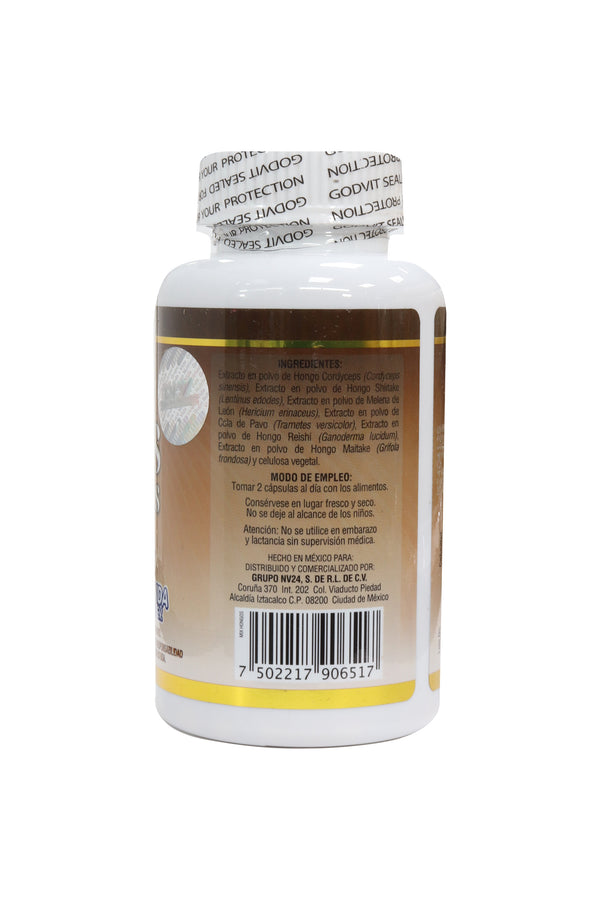 CAPS. MEZCLA DE HONGOS ADAPTOGENOS C/60 DE 650MG C/U. A BASE DE CORDYCEPS, SHITAKE, MELENA DE LEÓN, COLA DE PAVO, REISHI, MAITAKE.