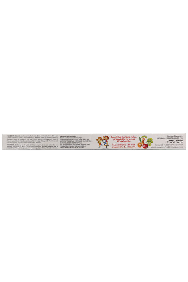 AMP. VITAMIX KIDS SOLUCION INGERIBLE C/10AMP. DE 10 ML L-LISINA, HIERRO, VIT. A, B1, B2, B6, B12,C, D, E AHORA MEJORADA CON EXTRACTO DE HÍGADO DE BACALAO BETABEL Y ZANAHORIA.