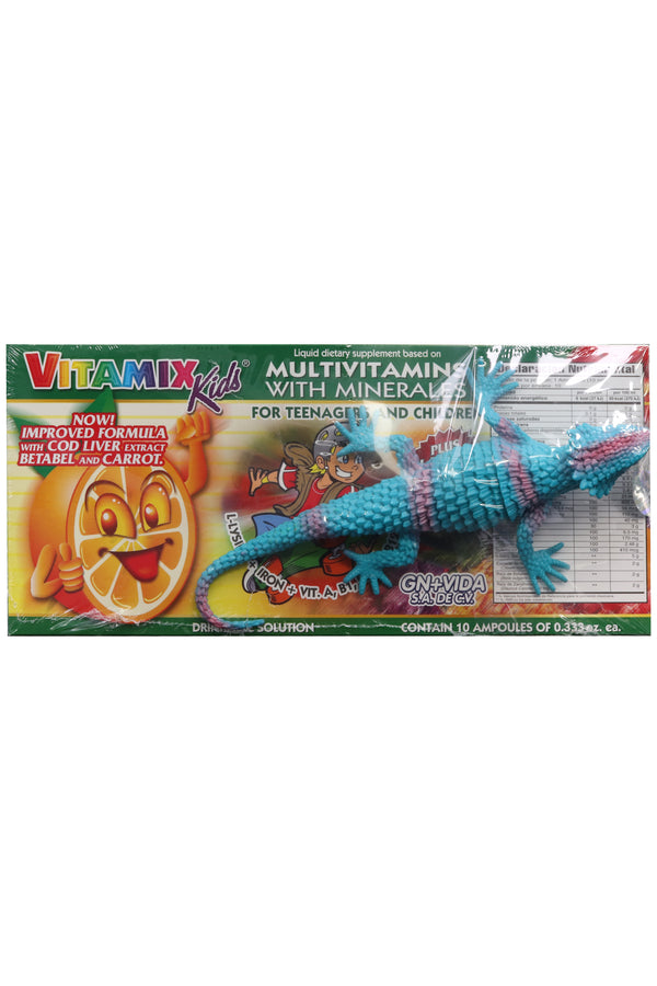 AMP. VITAMIX KIDS SOLUCION INGERIBLE C/10AMP. DE 10 ML L-LISINA, HIERRO, VIT. A, B1, B2, B6, B12,C, D, E AHORA MEJORADA CON EXTRACTO DE HÍGADO DE BACALAO BETABEL Y ZANAHORIA.