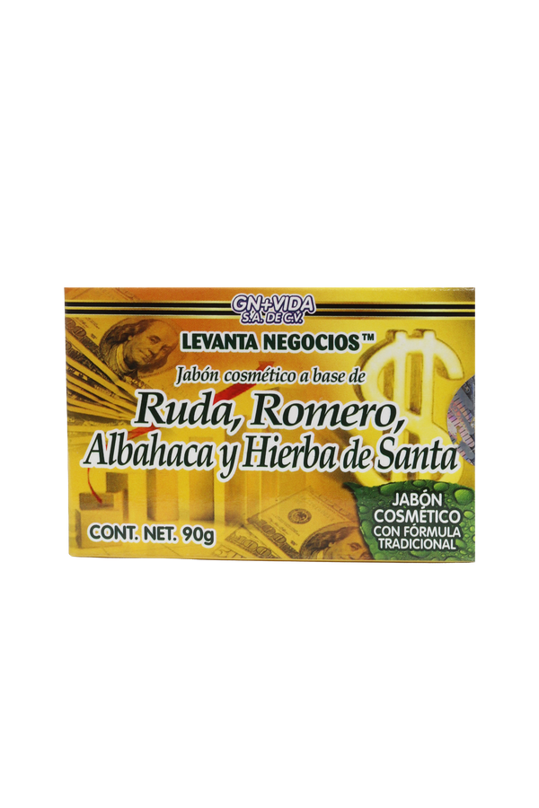 JABÓN COSMÉTICO LEVANTA NEGOCIOS A BASE DE RUDA, ROMERO, ALBAHACA Y HIERBA SANTA C/90 GR. JABÓN COSMÉTICO CON FÓRMULA TRADICIONAL.