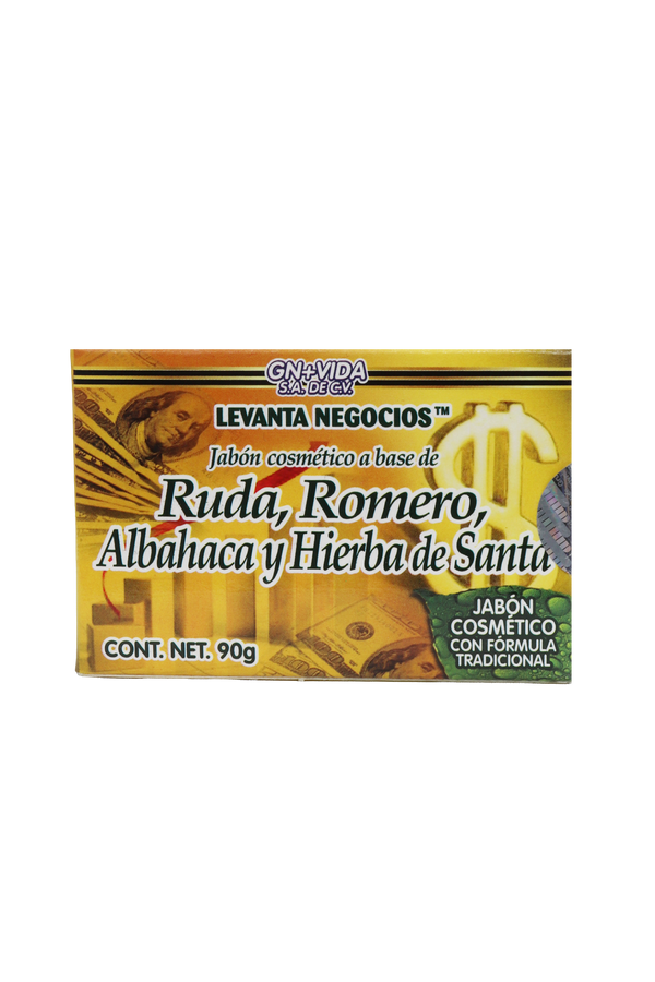 JABÓN COSMÉTICO LEVANTA NEGOCIOS A BASE DE RUDA, ROMERO, ALBAHACA Y HIERBA SANTA C/90 GR. JABÓN COSMÉTICO CON FÓRMULA TRADICIONAL.