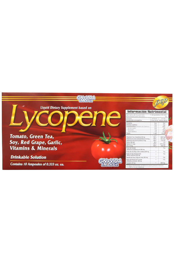 AMP. LICOPENO SOLUCIÓN INGERIBLE C/10 AMP. DE 10 ML C/U. CON TOMATE, TE VERDE, SOYA, UVA ROJA, PEREJIL, AJO, VITAMINAS Y MINERALES.