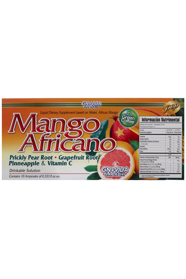 AMP. MANGO AFRICANO C/ CAFE VERDESOLUCIÓN INGERIBLE C/10 AMP. DE 10 ML C/U.  CON RAIZ DE NOPAL, RAIZ DE TORONJA, PIÑA Y VITAMINA C. ADICIONADO CON CAFÉ VERDE.