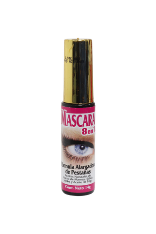 RIMEL MASCARA TÓPICA 8 EN 1 C/14 GR. FÓRMULA ALARGADORA DE PESTAÑAS CON ACEITES NATURALES DE HUESO DE MAMEY , SÁBILA, JOJOBA Y ACEITE DE TRIGO.