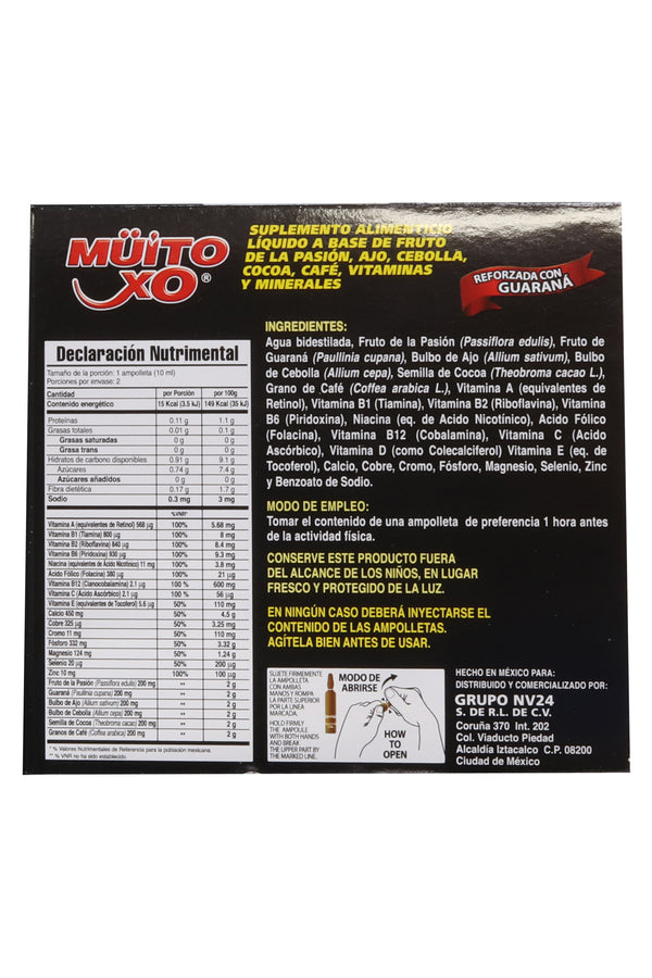 AMP. MÜITO XO NEGRA SOLUCIÓN INGERIBLE C/2 AMP. DE 10 ML C/U. CON FRUTO DE LA PASIÓN, AJO, CEBOLLA, COCOA, CAFÉ, VITAMINAS Y MINERALES. REFORZADA CON GUARANÁ.