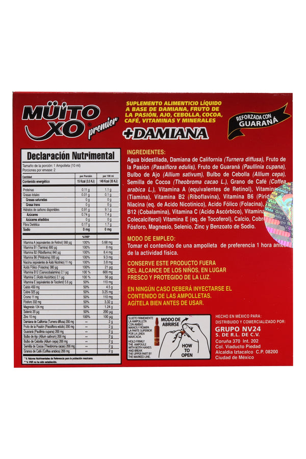 AMP. MÜITO XO PREMIER ROJA SOLUCIÓN INGERIBLE C/2 AMP. DE 10 ML C/U. REFORZADA CON GUARANA Y ADICIONADA CON DAMIANA, FRUTO DE LA PASIÓN, AJO, CEBOLLA, COCOA, CAFÉ, VITAMINAS Y MINERALES. REFORZADA CON GUARANÁ.