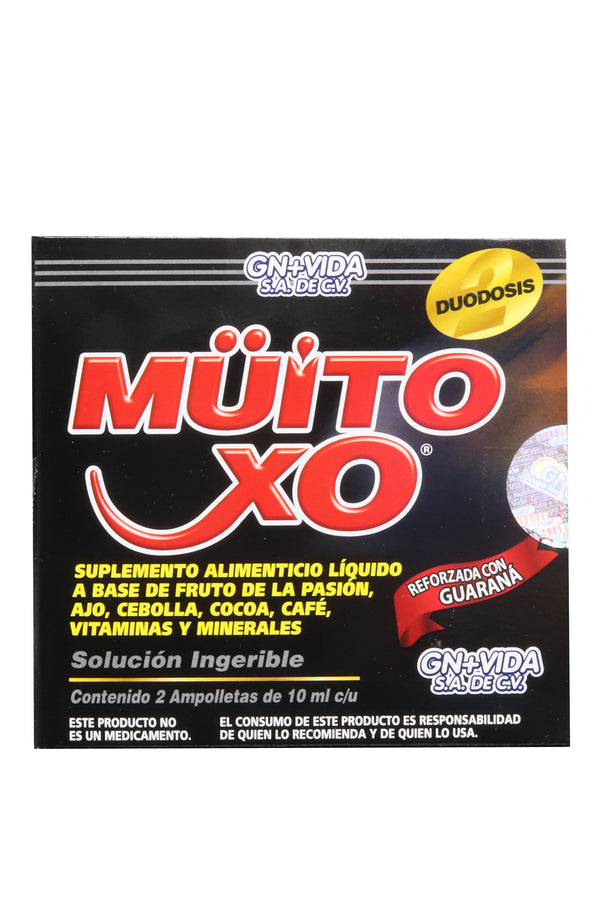 AMP. MÜITO XO NEGRA SOLUCIÓN INGERIBLE C/2 AMP. DE 10 ML C/U. CON FRUTO DE LA PASIÓN, AJO, CEBOLLA, COCOA, CAFÉ, VITAMINAS Y MINERALES. REFORZADA CON GUARANÁ.
