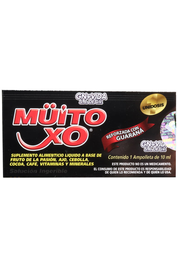 AMP. MÜITO XO NEGRA SOLUCIÓN INGERIBLE C/1 AMP. DE 10 ML C/U. CON FRUTO DE LA PASIÓN, AJO, CEBOLLA, COCOA, CAFÉ, VITAMINAS Y MINERALES. REFORZADA CON GUARANÁ.