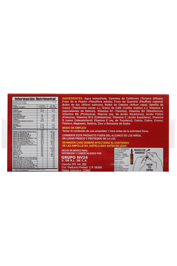 AMP. MÜITO XO PREMIER ROJA SOLUCIÓN INGERIBLE C/1 AMP. DE 10 ML C/U. REFORZADA CON GUARANA Y ADICIONADA CON DAMIANA, FRUTO DE LA PASIÓN, AJO, CEBOLLA, COCOA, CAFÉ, VITAMINAS Y MINERALES. REFORZADA CON GUARANÁ.