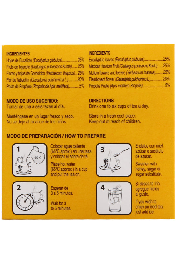 TÉ NUTRIABANGO CON PROPOLEO 5% C/30 SOBRES DE 3 GR C/U. TÉ A BASE DE EUCALIPTO, TEJOCOTE, GORDOLOBO, TABACHÍN Y PROPÓLEO. CERTIFICADO DE CALIDAD HARPC.