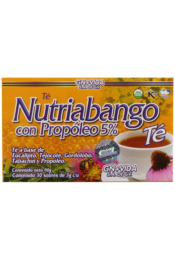 TÉ NUTRIABANGO CON PROPOLEO 5% C/30 SOBRES DE 3 GR C/U. TÉ A BASE DE EUCALIPTO, TEJOCOTE, GORDOLOBO, TABACHÍN Y PROPÓLEO. CERTIFICADO DE CALIDAD HARPC.