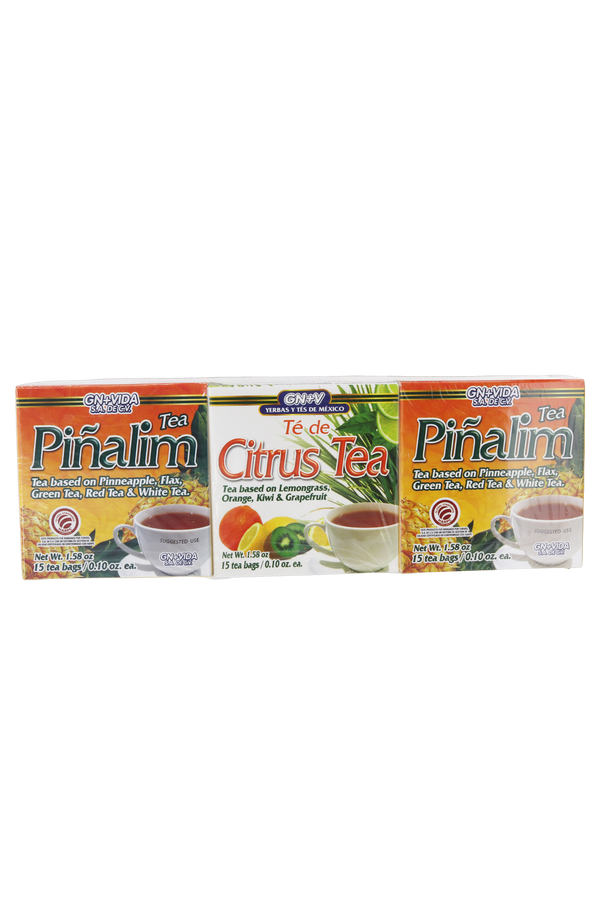 OFERTA 1 TÉ CITRICOS C/15 SOB DE 3 GR C/U + 2 TÉ PIÑALIM TÉ A BASE DE PIÑA, LINAZA, TÉ VERDE, TÉ ROJO Y TÉ BLANCO C/15 SOB DE 3 GR C/U