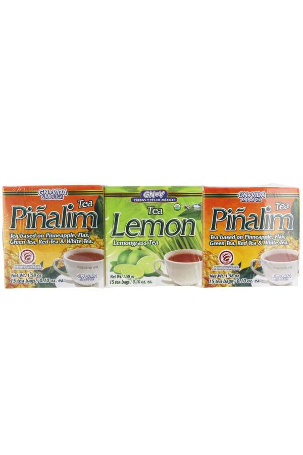 OFERTA 1 TÉ LIMÓN C/15 SOB DE 3 GR C/U + 2 TÉ PIÑALIM TÉ A BASE DE PIÑA, LINAZA, TÉ VERDE, TÉ ROJO Y TÉ BLANCO C/15 SOB DE 3 GR C/U