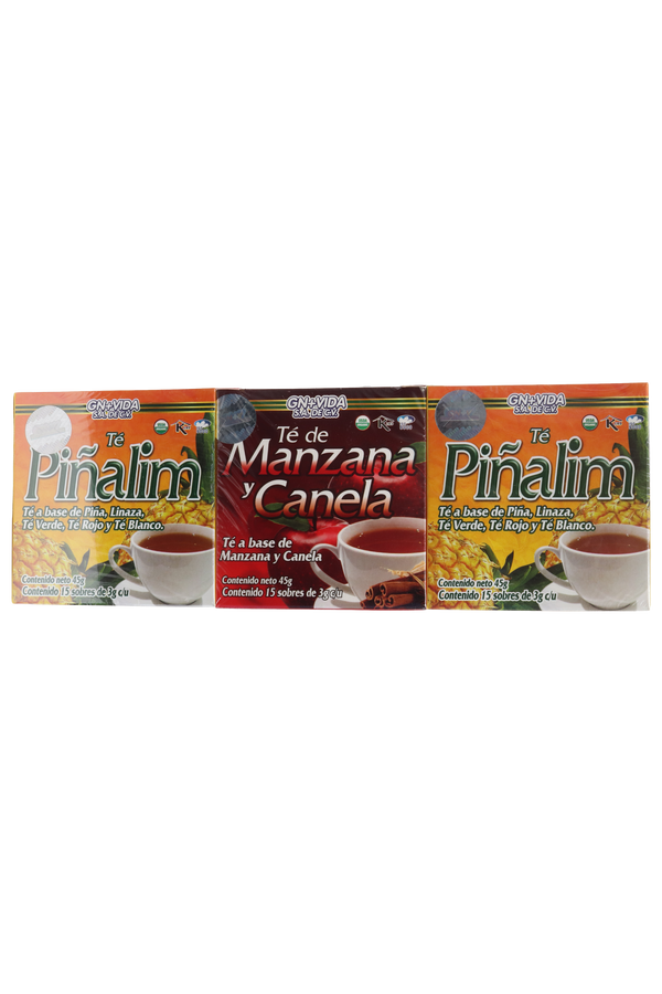 OFERTA 1 TÉ MANZANA Y CANELA C/15 SOB DE 3 GR C/U + 2 TÉ PIÑALIM TÉ A BASE DE PIÑA, LINAZA, TÉ VERDE, TÉ ROJO Y TÉ BLANCO C/15 SOB DE 3 GR C/U