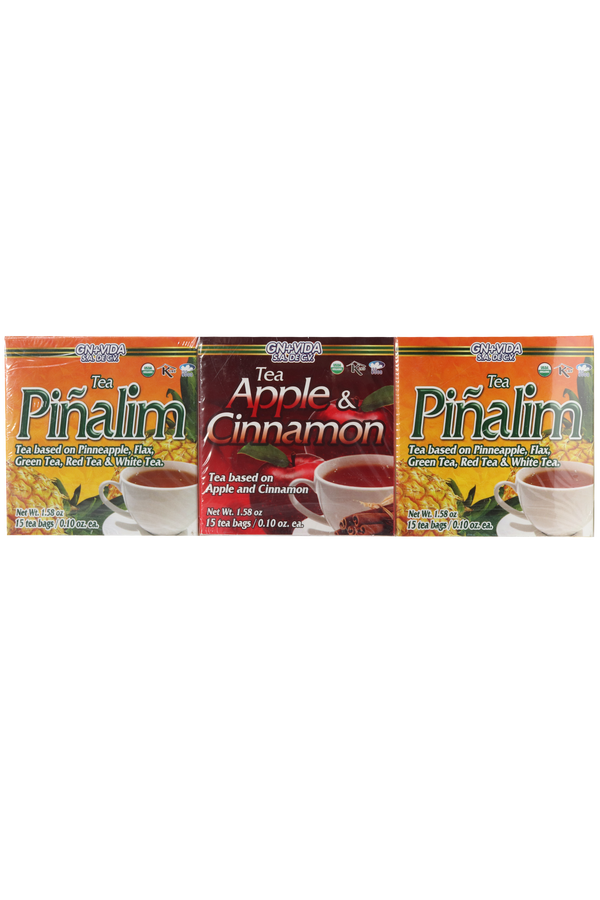 OFERTA 1 TÉ MANZANA Y CANELA C/15 SOB DE 3 GR C/U + 2 TÉ PIÑALIM TÉ A BASE DE PIÑA, LINAZA, TÉ VERDE, TÉ ROJO Y TÉ BLANCO C/15 SOB DE 3 GR C/U