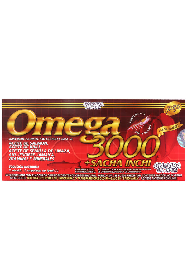 AMP. OMEGA 3000 + SACHA INCHI SOLUCIÓN INGERIBLE C/10 AMP. DE 10 ML C/U. A BASE DE ACEITE DE SALMÓN, ACEITE KRILL, ACEITE SEMILLA DE LINAZA, AJO, JAMAICA, VITAMINAS Y MINERALES. REFORZADA CON ACEITE DE KRILL.