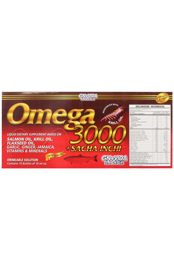 AMP. OMEGA 3000 + SACHA INCHI SOLUCIÓN INGERIBLE C/10 AMP. DE 10 ML C/U. A BASE DE ACEITE DE SALMÓN, ACEITE KRILL, ACEITE SEMILLA DE LINAZA, AJO, JAMAICA, VITAMINAS Y MINERALES. REFORZADA CON ACEITE DE KRILL.