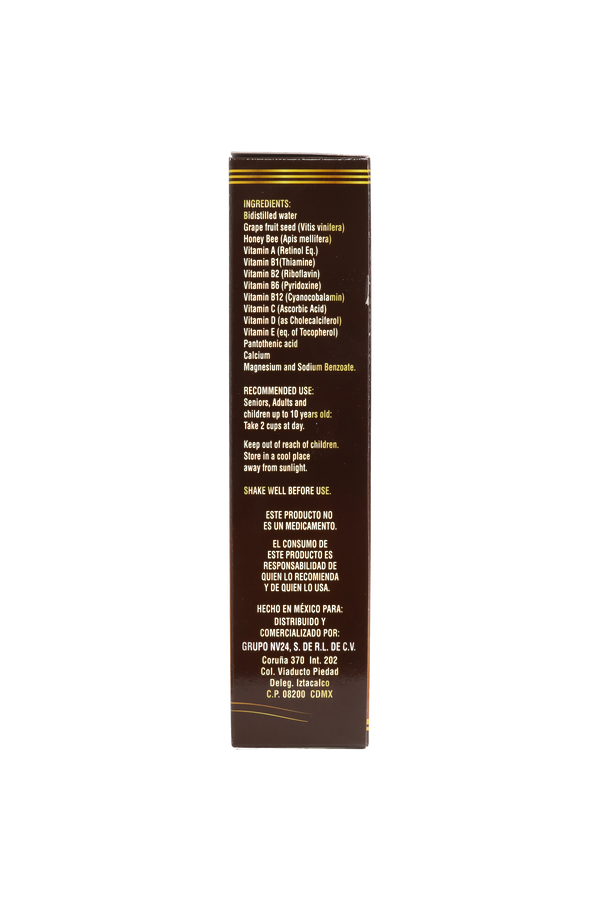 JARABE OXGN+V C/340 ML. SUPLEMENTO ALIMENTICIO EN LÍQUIDO A BASE DE UVA ROJA ,MIEL DE ABEJA, VITAMINAS Y MINERALES. NUEVA IMAGEN.