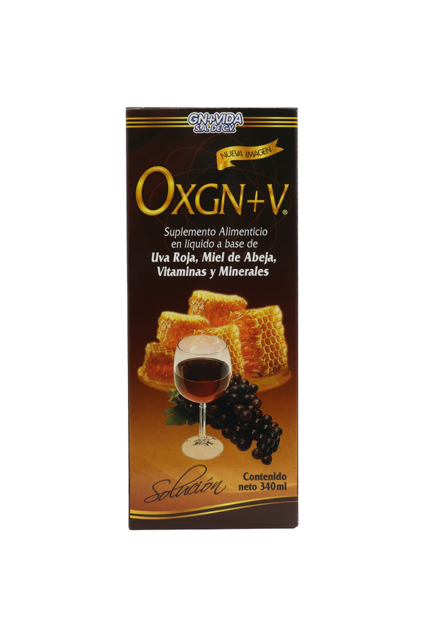 JARABE OXGN+V C/340 ML. SUPLEMENTO ALIMENTICIO EN LÍQUIDO A BASE DE UVA ROJA ,MIEL DE ABEJA, VITAMINAS Y MINERALES. NUEVA IMAGEN.