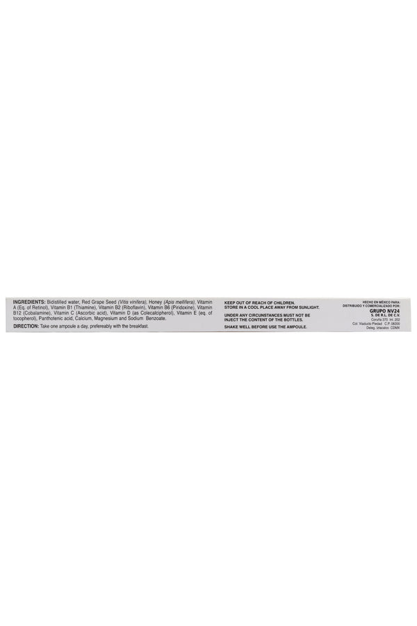 AMP. OXGN+V SOLUCIÓN INGERIBLE C/10 AMP. DE 10 ML C/U. A BASE DE SEMILLA DE UVA, MIEL DE ABEJA, VITAMINAS Y MINERALES.