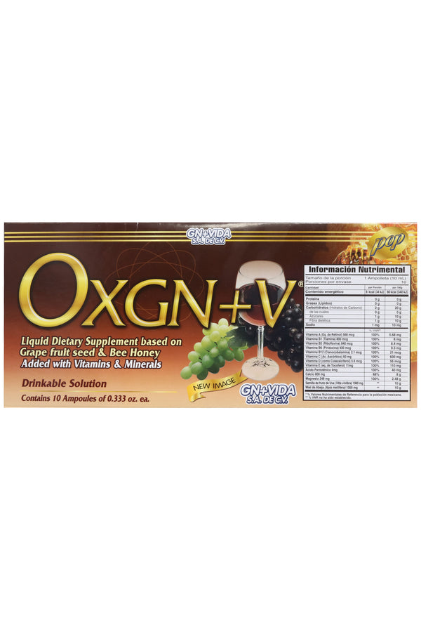 AMP. OXGN+V SOLUCIÓN INGERIBLE C/10 AMP. DE 10 ML C/U. A BASE DE SEMILLA DE UVA, MIEL DE ABEJA, VITAMINAS Y MINERALES.