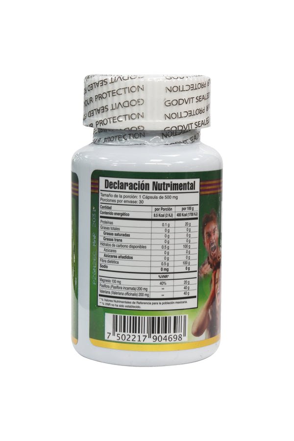 CAPS. PAZIFILINA C/30 DE 500 MG C/U. A BASE DE PASIFLORA, VALERIANA Y MAGNESIO.