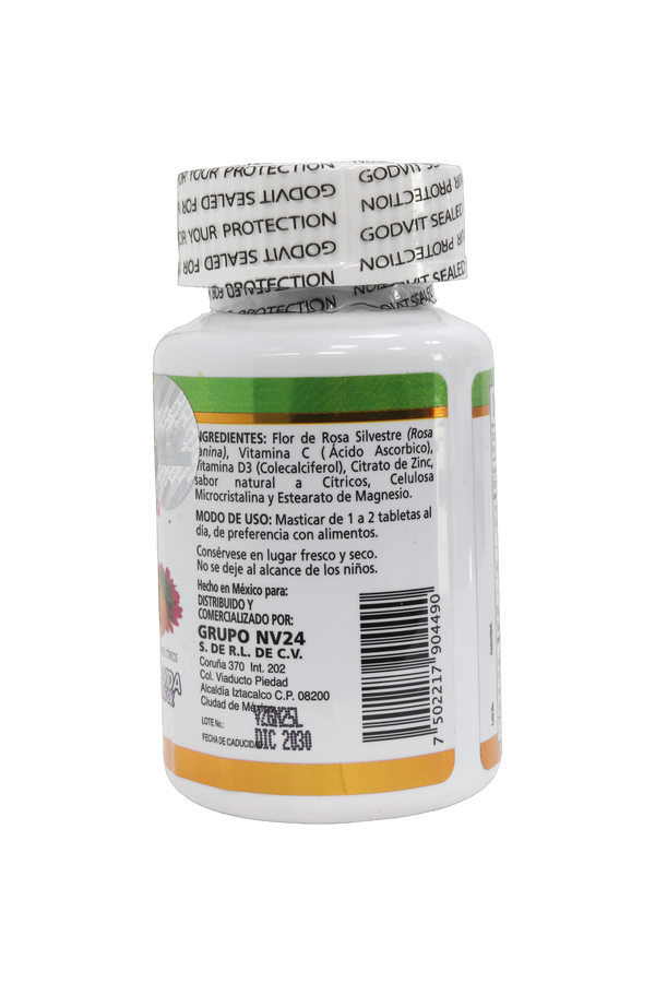 TBS. PÉTALOS DE ROSA , VITAMINA C Y ZINC C/90 DE 500 MG, SABOR CÍTRICOS (MASTICABLES). ADICIONADA CON VITAMINA D3.