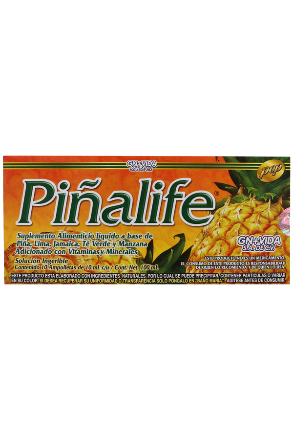 AMP. PIÑALIFE SOLUCIÓN INGERIBLE C/10 AMP. DE 10 ML C/U.  A BASE DE PIÑA, LIMA, JAMAICA, TÉ VERDE Y MANZANA ADICIONADO CON VITAMINAS Y MINERALES.
