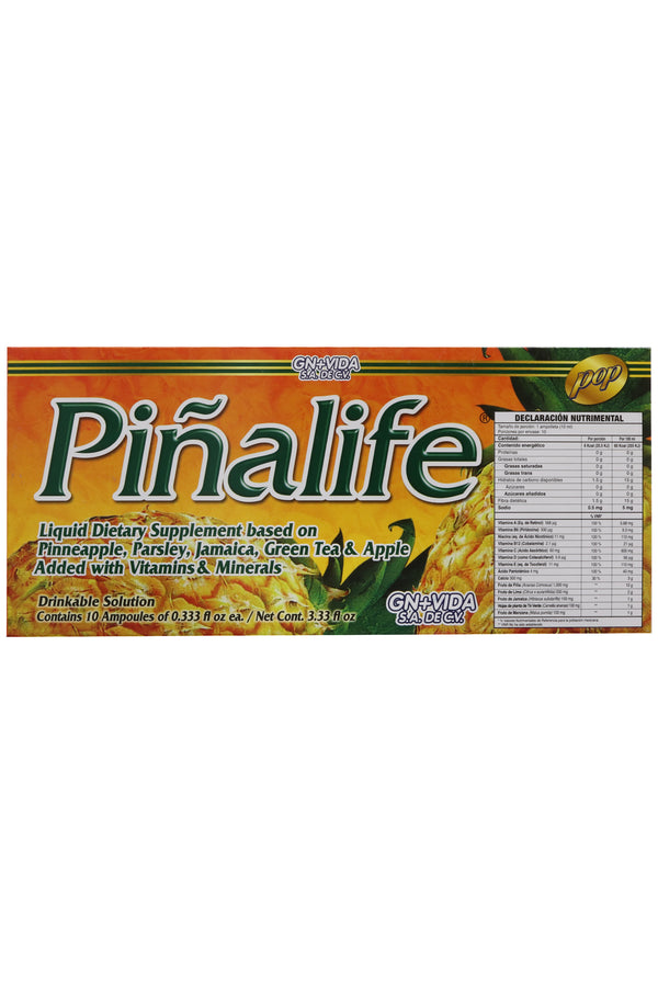 AMP. PIÑALIFE SOLUCIÓN INGERIBLE C/10 AMP. DE 10 ML C/U.  A BASE DE PIÑA, LIMA, JAMAICA, TÉ VERDE Y MANZANA ADICIONADO CON VITAMINAS Y MINERALES.