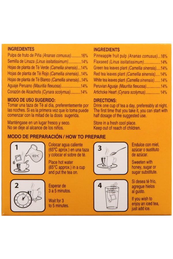TÉ PIÑALIM PLUS C/30 SOBRES DE 3 GR C/U . TÉ A BASE DE PIÑA, LINAZA, TÉ VERDE, TÉ ROJO Y TÉ BLANCO. ADICIONADO CON CORAZÓN DE ALCACHOFA Y AGUAJE PERUANO. CERTIFICADO DE CALIDAD HARPC.