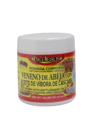 POMADA CORPORAL CON FORMULACIÓN HERBAL TRADICIONAL VENENO DE ABEJA CON ACEITE DE VÍBORA DE CASCABEL C/ 125 GR.  BEE VENOM WITH RATTLESNAKE OIL BODY OINTMENT WITH TRADITIONAL HERBAL FORMULATION.