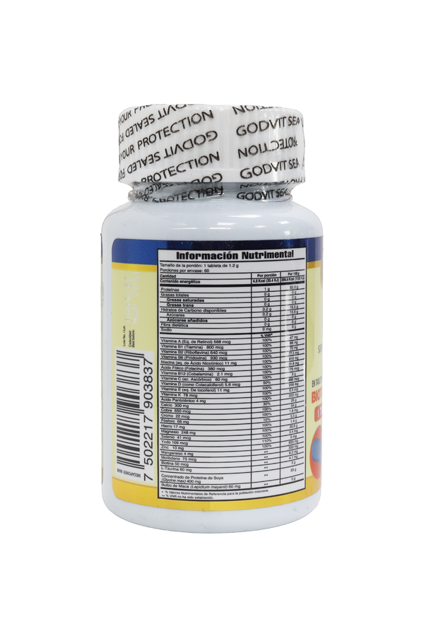 TBS. MEGA POWER MAN C/60 DE 1.2 GR C/U. A BASE DE PROTEÍNA DE SOYA, VITAMINAS, MINERALES, BIOTINA, TAURINA Y MACA.