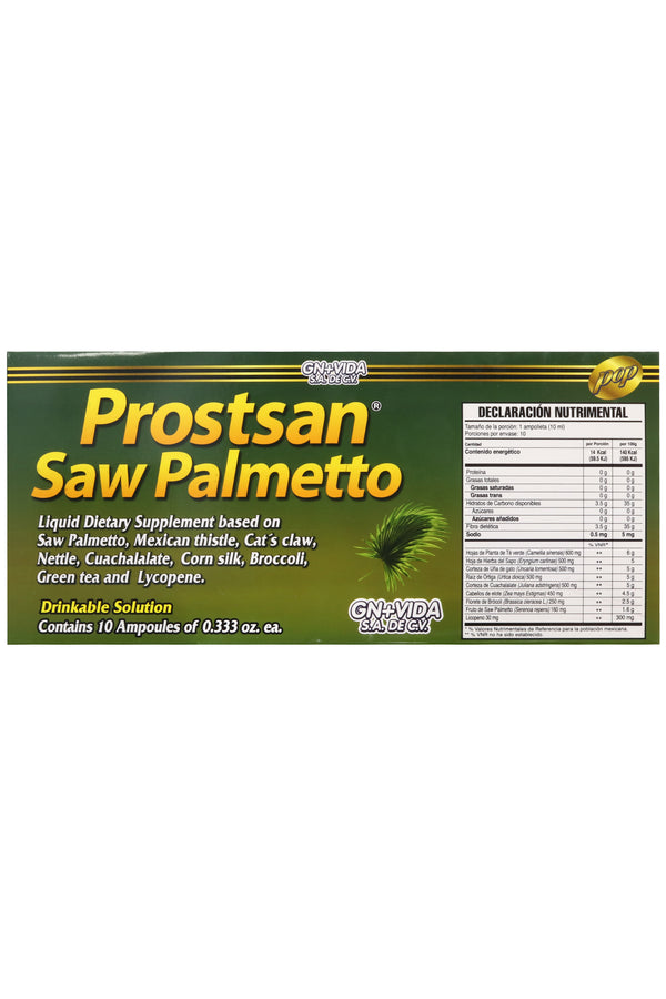 AMP. PROSTSAN CON SAW PALMETTO SOLUCIÓN INGERIBLE C/10 AMP. DE 10 ML C/U. A BASE DE SAW PALMETTO, HIERBA DEL SAPO, UÑA DE GATO, ORTIGA, CUACHALALATE, CABELLOS DE ELOTE, BRÓCOLI, TÉ VERDE Y LICOPENO.