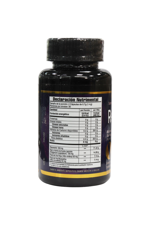 CAPS. RESVERATROL C/60 DE 700MG C/U. ADICIONADO CON UVA ROJA, UVA MUSCADINA Y KUDZÚ JAPONÉS.