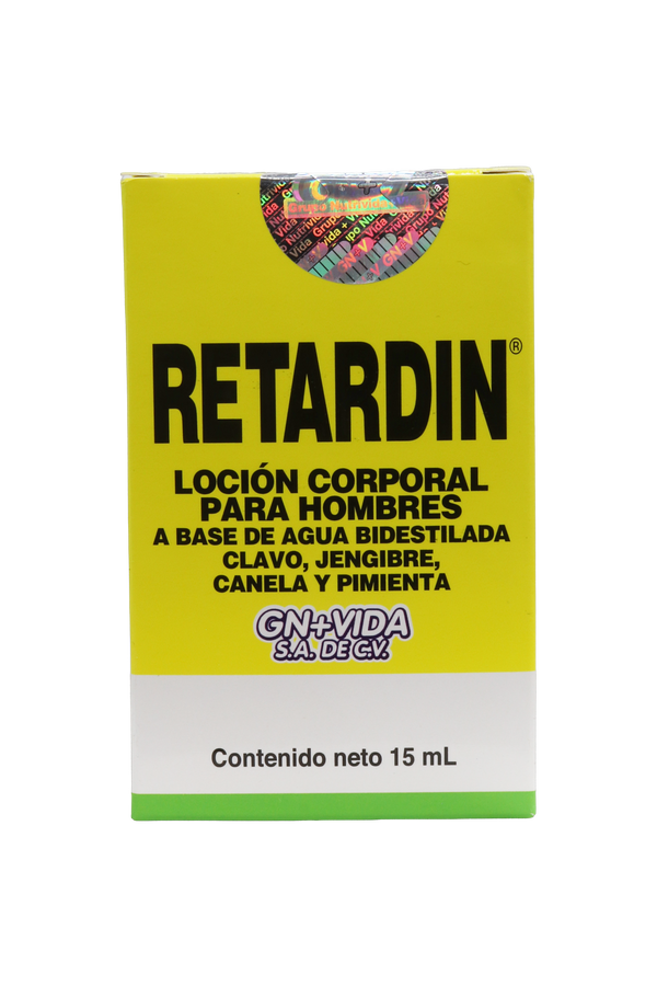 LOCIÓN CORPORAL PARA HOMBRES RETARDIN. A BASE DE AGUA BIDESTILADA, CLAVO, JENGIBRE, CANELA Y PIMIENTA.