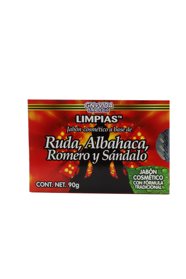 JABÓN COSMÉTICO LIMPIAS A BASE DE: RUDA, ALBAHACA, ROMERO Y SÁNDALO C/ 90 GR. JABÓN COSMÉTICO CON FÓRMULA TRADICIONAL.