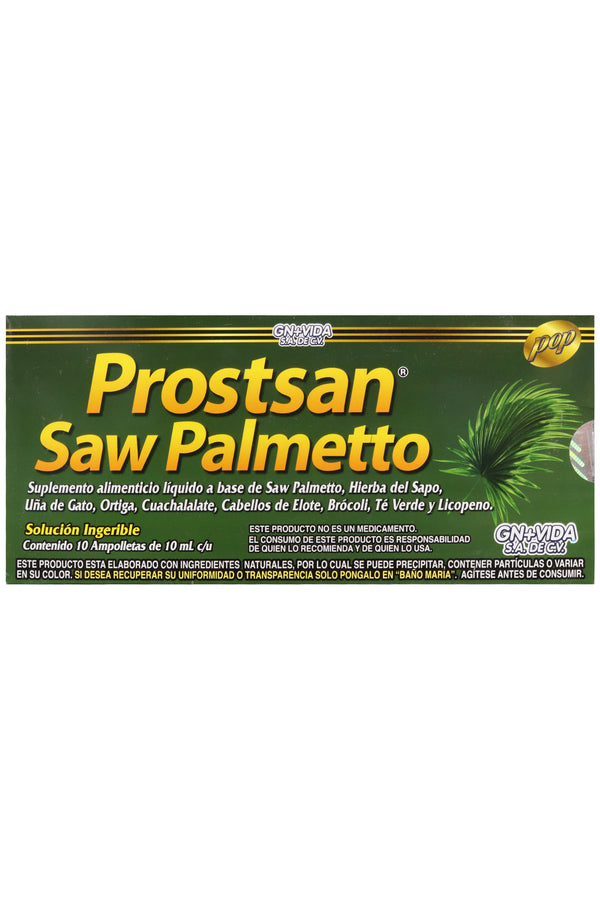 AMP. PROSTSAN CON SAW PALMETTO SOLUCIÓN INGERIBLE C/10 AMP. DE 10 ML C/U. A BASE DE SAW PALMETTO, HIERBA DEL SAPO, UÑA DE GATO, ORTIGA, CUACHALALATE, CABELLOS DE ELOTE, BRÓCOLI, TÉ VERDE Y LICOPENO.