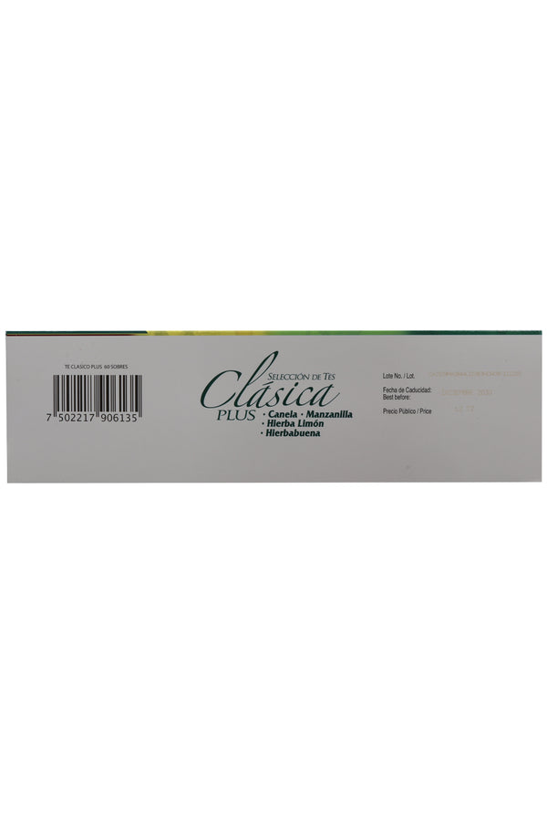 TÉ CLÁSICA PLUS C/60 SOBRES DE 3 G C/U. CON 15 SOBRES DE CADA SABOR CANELA, MANZANILLA, HIERBA DE LIMÓN Y HIERBABUENA. CERTIFICADO DE CALIDAD HARPC.