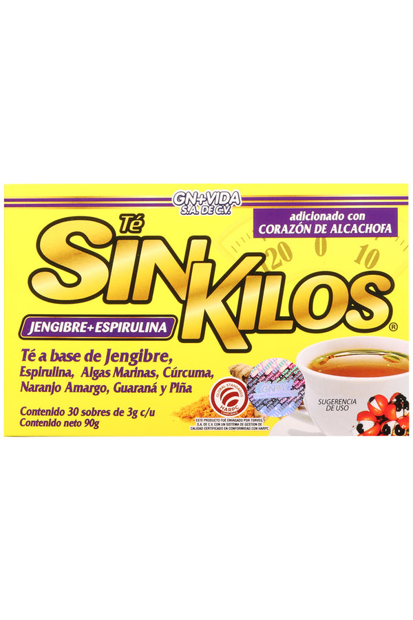 TÉ SIN KILOS C/30 SOBRES DE 3 GR C/U.  TÉ A BASE DE JENGIBRE , ESPIRULINA, ALGAS MARINAS, CÚRCUMA, NARANJO AMARGO, GUARANÁ Y PIÑA. ADICIONADO CON CORAZÓN DE ALCACHOFA. CERTIFICADO DE CALIDAD HARPC.