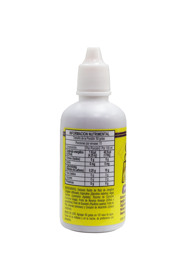 EXT. SIN KILOS (INGERIBLE) C/56 ML. EXTRACTO LÍQUIDO A BASE DE JENGIBRE, ESPIRULINA, ALGAS MARINAS, CURCÚMA, NARANJO AMARGO, GUARANÁ Y PIÑA.