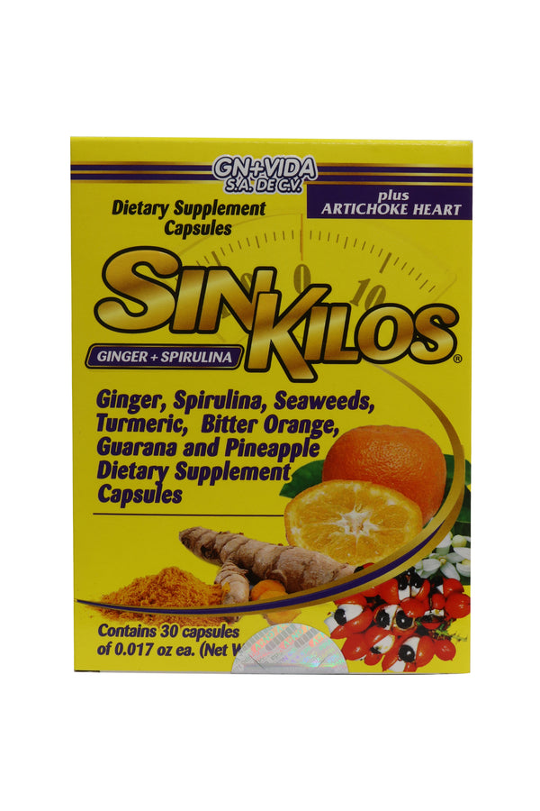 CAPS. SIN KILOS C/30 DE 500 MG C/U. A BASE DE JENGIBRE, ESPIRULINA, ALGAS MARINAS, CÚRCUMA, NARANJO AMARGO, GUARANÁ Y PIÑA. ADICIONADO CON CORAZÓN DE ALCACHOFA.